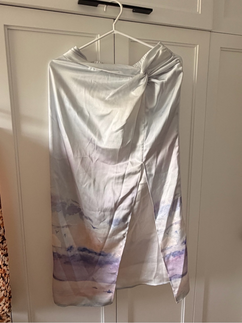Midi Satin Wrap Skirt in Light Silver with Pastel Watercolor Hem
